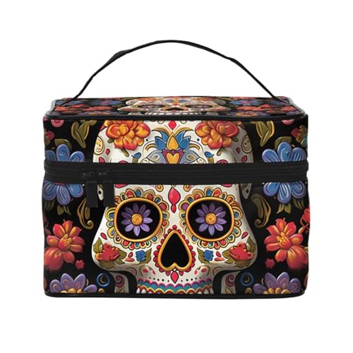 STVYUKL Make-up-Tasche mit Totenköpfen für Damen, wasserdicht, tragbar, Reise-Kosmetiktasche, großes Fassungsvermögen, Kulturbeutel mit Tragegriff oben, Reißverschluss, Make-up-Organizer von STVYUKL
