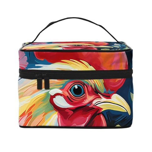 STVYUKL Make-up-Tasche mit buntem Huhn für Damen, wasserdicht, tragbar, Reise-Kosmetiktasche, großes Fassungsvermögen, Kulturbeutel, Tragegriff oben, Reißverschluss, Make-up-Organizer von STVYUKL