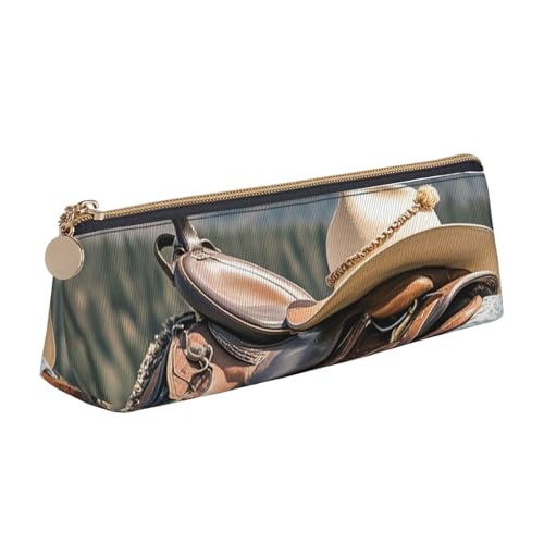 STVYUKL Pferdesattel mit Cowboyhut, Federmäppchen, stilvolles Federmäppchen, schlankes Federmäppchen mit Reißverschluss, Kosmetiktasche aus Leder für Arbeit, Büro, Pferdesattel mit Cowboyhut von STVYUKL
