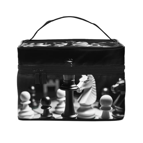STVYUKL Schach-Make-up-Tasche für Damen, wasserdicht, tragbar, Reise-Kosmetiktasche, großes Fassungsvermögen, Kulturbeutel, Tragegriff oben, Reißverschluss, Make-up-Organizer, Schwarz und Weiß von STVYUKL
