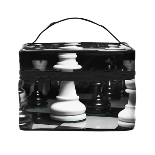 STVYUKL Schach-Make-up-Tasche für Damen, wasserdicht, tragbar, Reise-Kosmetiktasche, großes Fassungsvermögen, Kulturbeutel, Tragegriff oben, Reißverschluss, Make-up-Organizer, Schwarz und Weiß von STVYUKL