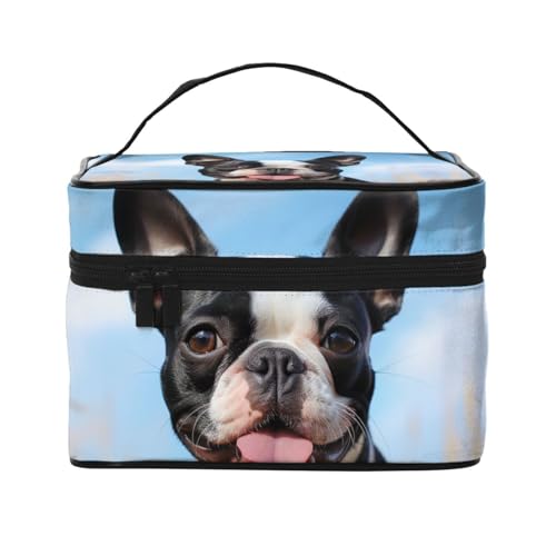 STVYUKL Schöne Boston Terrier Make-up-Tasche für Damen, wasserdicht, tragbar, Reise-Kosmetiktasche, großes Fassungsvermögen, Kulturbeutel mit Tragegriff oben, Reißverschluss von STVYUKL