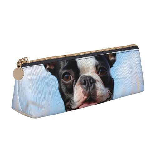 STVYUKL Schönes Federmäppchen mit Boston Terrier, stilvolles Federmäppchen mit Reißverschluss, Kosmetiktasche aus Leder für Arbeit, Büro von STVYUKL