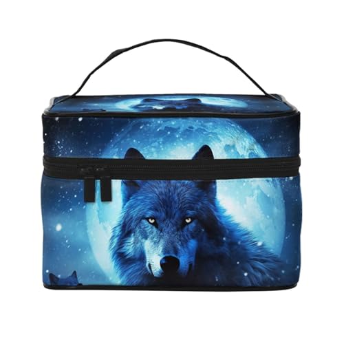 STVYUKL Wolfs Make-up-Tasche für Damen, wasserdicht, tragbar, Reise-Kosmetiktasche, großes Fassungsvermögen, Kulturbeutel mit Tragegriff oben, Reißverschluss von STVYUKL