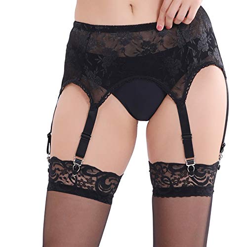 Damen Strapsgürtel, Spitze, 6 Träger, mit Metall-Clips, Schwarz / Weiß, schwarz, Klein von STYGIFT