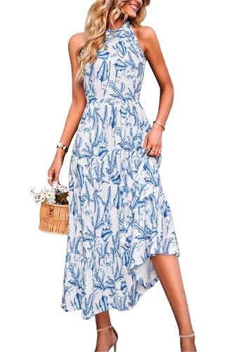 STYLEOWRD 2025 Sommerkleid Damen Lang Sommer Blumen Neckholder Maxikleid mit Tasche,M von STYLEWORD
