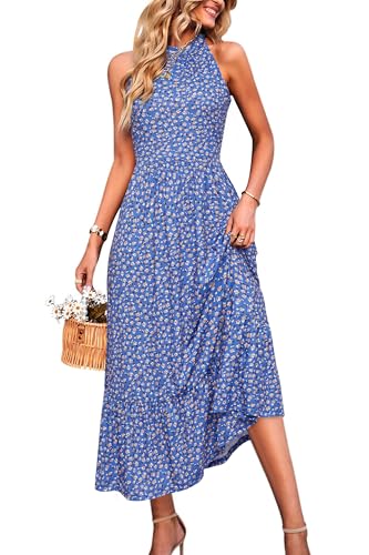 STYLEOWRD 2025 Sommerkleid Damen Lang Sommer Blumen Neckholder Maxikleid mit Tasche(Blau Gelb Floral,XL) von STYLEWORD
