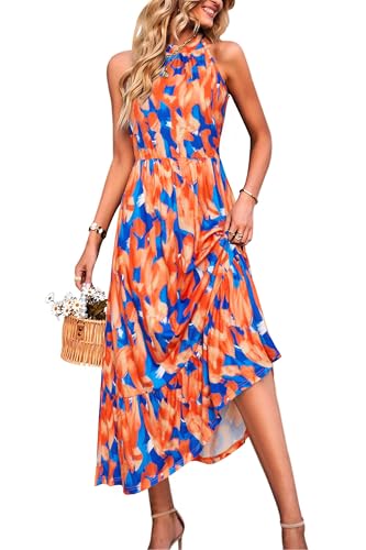 STYLEOWRD 2025 Sommerkleid Damen Lang Sommer Blumen Neckholder Maxikleid mit Tasche(Blau Orange Floral,XXL) von STYLEWORD