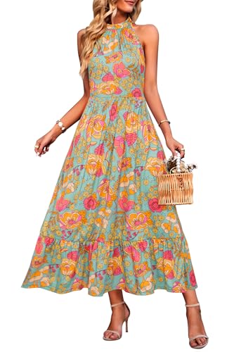 STYLEOWRD 2025 Sommerkleid Damen Lang Sommer Blumen Neckholder Maxikleid mit Tasche(Grün Rosa Orange Floral,XXL) von STYLEWORD