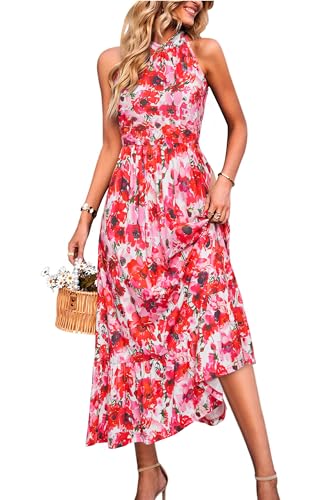 STYLEOWRD 2025 Sommerkleid Damen Lang Sommer Blumen Neckholder Maxikleid mit Tasche(Rot Rosa Floral,XXL) von STYLEWORD