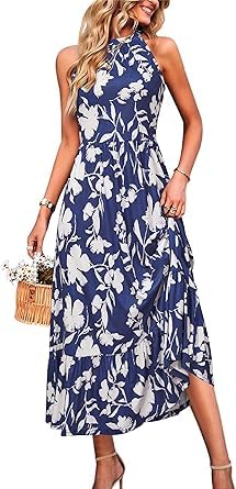 STYLEOWRD 2025 Sommerkleid Damen Lang Sommer Blumen Neckholder Maxikleid mit Tasche,M von STYLEWORD