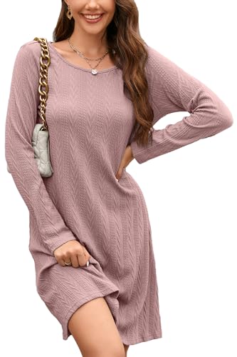 STYLEWORD Strickkleid Damen Kleid Langarm Herbstkleid Pulloverkleid Elegant Herbst Winterkleid Tunika Umstandskleid(Dunkelrosa,L) von STYLEWORD