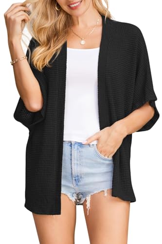 STYLEWORD Strickjacke Damen Kurzarm Schwarz Sommer Cardigan Strand Cover Up Kimono Leichter Strickmantel(Schwarz,S) von STYLEWORD