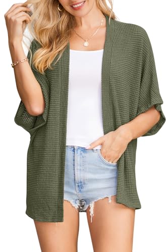 STYLEWORD Strickjacke Damen Kurzarm Sommer Cardigan Strand Cover Up Kimono Leichter Strickmantel(Grün (Army Green),XXL) von STYLEWORD