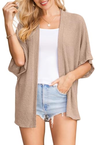 STYLEWORD Strickjacke Damen Kurzarm Sommer Cardigan Strand Cover Up Kimono Leichter Strickmantel(Khaki,S) von STYLEWORD
