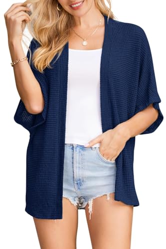 STYLEWORD Strickjacke Damen Kurzarm Sommer Cardigan Strand Cover Up Kimono Leichter Strickmantel(Marine,XXL) von STYLEWORD