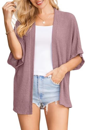 STYLEWORD Strickjacke Damen Kurzarm Sommer Cardigan Strand Cover Up Kimono Leichter Strickmantel(Rosa Lila,L) von STYLEWORD