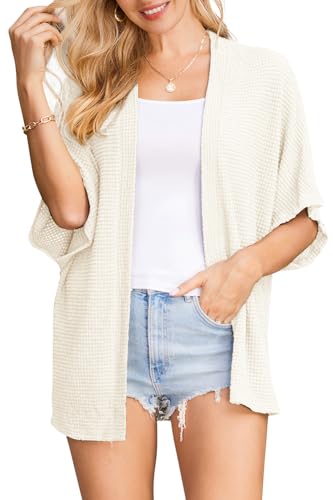 STYLEWORD Strickjacke Damen Weiß Kurzarm Sommer Cardigan Strand Cover Up Kimono Leichter Strickmantel,XXL von STYLEWORD