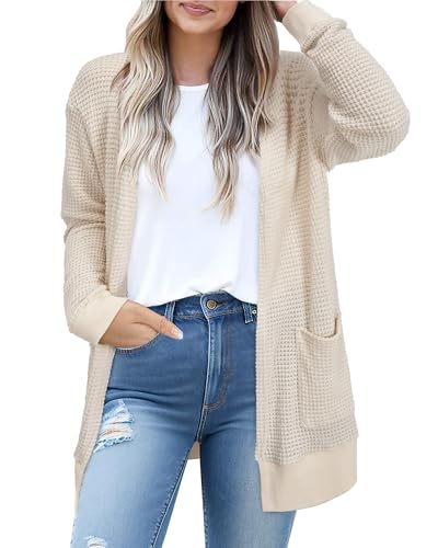 STYLEWORD Strickjacke Damen Langarm Sommer Leichtes Cardigan Open Front Strickpullover mit Taschen(Aprikose,M) von STYLEWORD