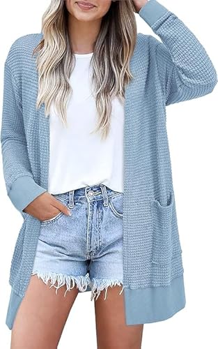 STYLEWORD Strickjacke Damen Langarm Sommer Leichtes Cardigan Open Front Strickpullover mit Taschen(Blau,L) von STYLEWORD
