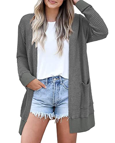STYLEWORD Strickjacke Damen Langarm Sommer Leichtes Cardigan Open Front Strickpullover mit Taschen(Dunkelgrau,S) von STYLEWORD