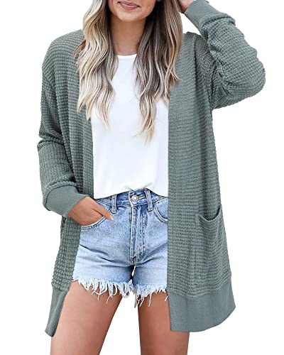 STYLEWORD Strickjacke Damen Langarm Sommer Leichtes Cardigan Open Front Strickpullover mit Taschen(Graugrün,S) von STYLEWORD