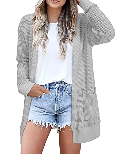 STYLEWORD Strickjacke Damen Langarm Sommer Leichtes Cardigan Open Front Strickpullover mit Taschen(Hellgrau,L) von STYLEWORD