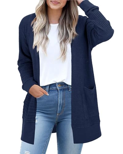 STYLEWORD Strickjacke Damen Langarm Sommer Leichtes Cardigan Open Front Strickpullover mit Taschen(Marine,L) von STYLEWORD