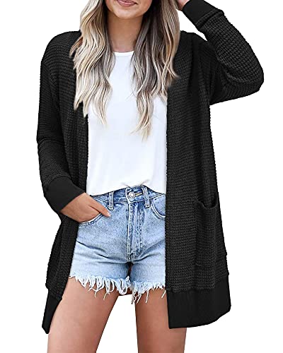 STYLEWORD Strickjacke Damen Langarm Sommer Leichtes Cardigan Open Front Strickpullover mit Taschen(Schwarz,M) von STYLEWORD