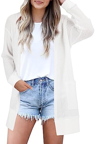 STYLEWORD Strickjacke Damen Weiß Langarm Sommer Leichtes Cardigan Open Front Strickpullover mit Taschen,S von STYLEWORD