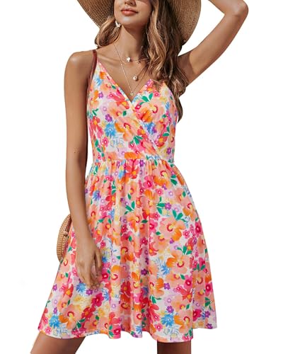 STYLEWORD Damen Ärmellos Blumen Sommerkleid Swing Kleid Verstellbaren Spagettiträgern Trägerkleid Strandkleid mit Taschen,L von STYLEWORD