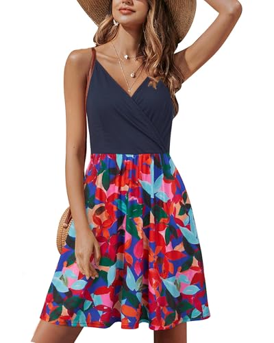 STYLEWORD Damen Ärmellos Blumen Sommerkleid Swing Kleid Verstellbaren Spagettiträgern Trägerkleid Strandkleid mit Taschen von STYLEWORD