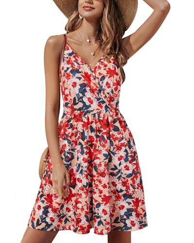 STYLEWORD Damen Ärmellos Blumen Sommerkleid Swing Kleid Verstellbaren Spagettiträgern Trägerkleid Strandkleid mit Taschen von STYLEWORD