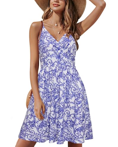 STYLEWORD Damen Ärmellos Blumen Sommerkleid Swing Kleid Verstellbaren Spagettiträgern Trägerkleid Strandkleid mit Taschen von STYLEWORD
