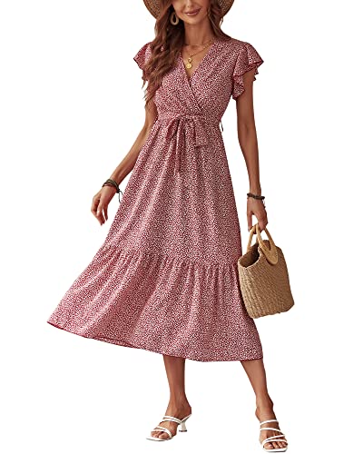 STYLEWORD Damen Chiffon Sommerkleid Lange Midi Kleid Elegant Blumen Maxikleid V-Ausschnitt mit Gürtel(Floral05,M) von STYLEWORD