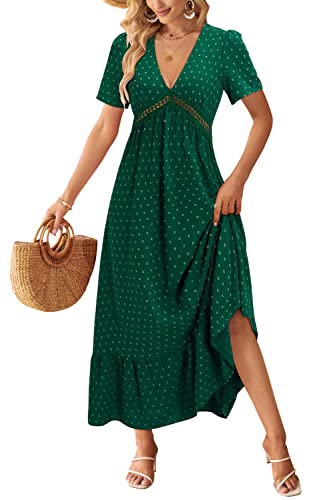 STYLEWORD Damen Maxikleid V-Ausschnitt Rüschen Sommerkleid Langarm/Kurzarm Hochzeitsgastkleid Elegante langes Kleid(3050-Dunkelgrün,Groß) von STYLEWORD