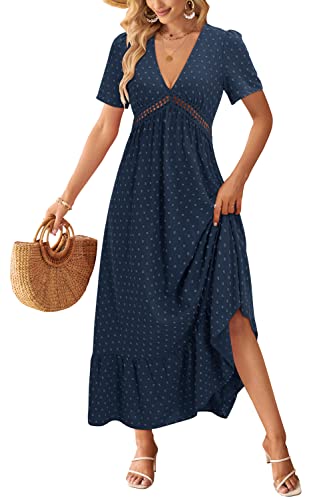 STYLEWORD Damen Maxikleid V-Ausschnitt Rüschen Sommerkleid Langarm/Kurzarm Hochzeitsgastkleid Elegante langes Kleid(3050-Marine,Groß) von STYLEWORD