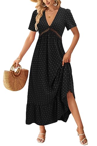 STYLEWORD Damen Maxikleid V-Ausschnitt Rüschen Sommerkleid Langarm/Kurzarm Hochzeitsgastkleid Elegante langes Kleid(3050-Schwarz,Groß) von STYLEWORD