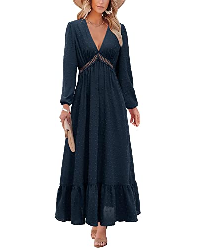 STYLEWORD Damen Maxikleid V-Ausschnitt Rüschen Sommerkleid Langarm/Kurzarm Hochzeitsgastkleid Elegante langes Kleid(Dunkelblau,klein) von STYLEWORD