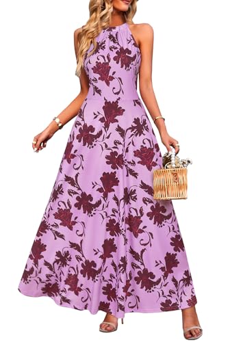 STYLEWORD Damen Neckholder Elegant Sommerkleid Ärmellos Blumenkleid Maxikleid Lange Strandkleid(Lavendelbraunes Blumenmuster,XXL) von STYLEWORD