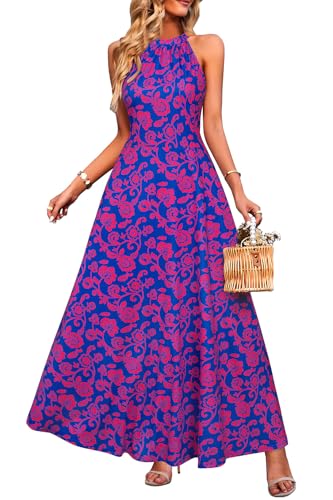 STYLEWORD Damen Neckholder Elegant Sommerkleid Ärmellos Blumenkleid Maxikleid Lange Strandkleid(Marine Rosa Blumen,XXL) von STYLEWORD