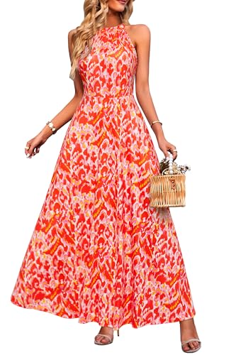 STYLEWORD Damen Neckholder Elegant Sommerkleid Ärmellos Blumenkleid Maxikleid Lange Strandkleid(Orange-rotes Blumenmuster,M) von STYLEWORD