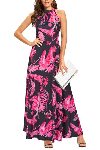STYLEWORD Damen Neckholder Elegant Sommerkleid Ärmellos Blumenkleid Maxikleid Lange Strandkleid(Schwarz-rotes Blatt,XL) von STYLEWORD