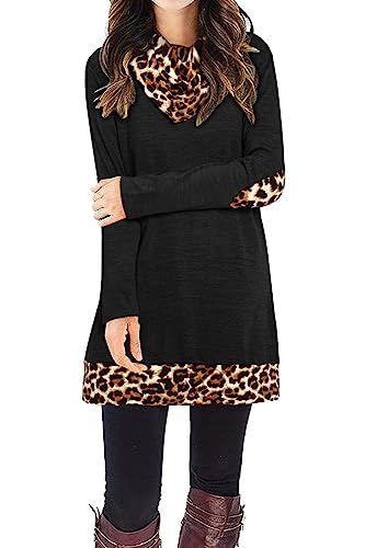 STYLEWORD Strickkleid Damen Herbstkleid Langarm Pulloverkleid Warm Winterkleid Tunika Kleid für Herbst Winter(Schwarz & Leopard,Groß) von STYLEWORD