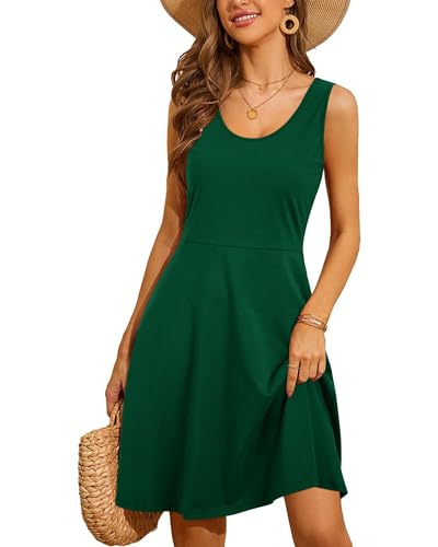 STYLEWORD Damen Sommerkleid A Linie Swing Kleid Knielang Baumwolle ärmellos Sonnenkleid(Drak grün,XXL) von STYLEWORD