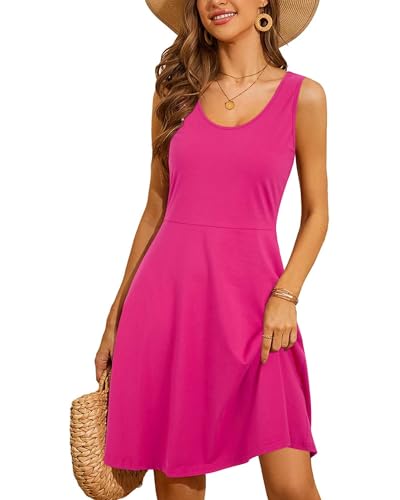 STYLEWORD Sommerkleid Damen Sommer A Linie Knielang Kleid Einfarbig Ärmellos Freizeitkleid(Rosa,S) von STYLEWORD