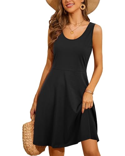 STYLEWORD Damen Sommerkleid A Linie Swing Kleid Knielang Baumwolle ärmellos Sonnenkleid(Schwarz,M) von STYLEWORD