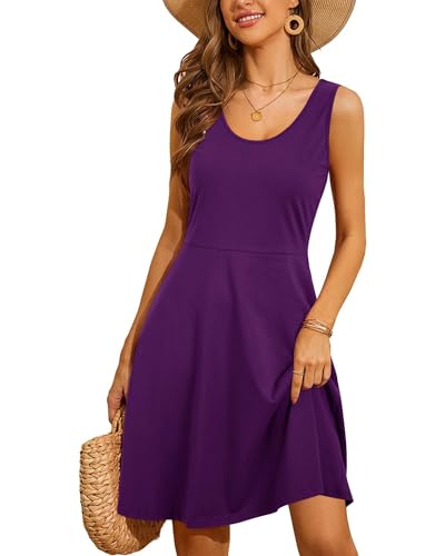 STYLEWORD Damen Sommerkleid A Linie Swing Kleid Knielang Baumwolle ärmellos Sonnenkleid(Violett,M) von STYLEWORD