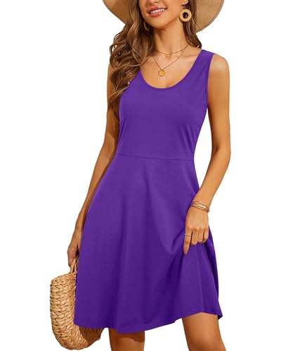 STYLEWORD Sommerkleid Damen Sommer A Linie Knielang Kleid Einfarbig Ärmellos Freizeitkleid(Violett,XXL) von STYLEWORD