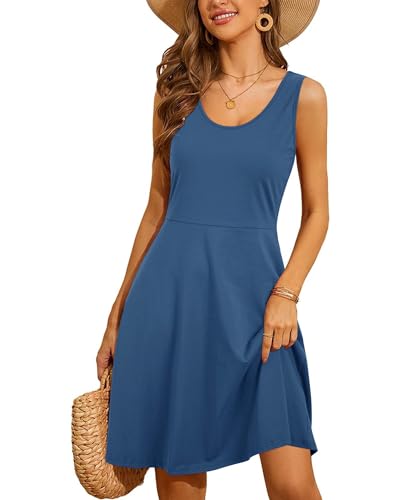 STYLEWORD Damen Sommerkleid A Linie Swing Kleid Knielang Baumwolle Ärmellos Sonnenkleid von STYLEWORD